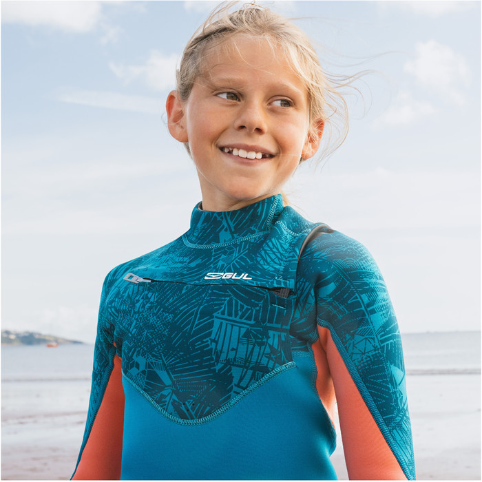 2024 Gul Junior Response Echo 3/2mm Chest Zip Wetsuit RE1329/C2 - Teal / Coral